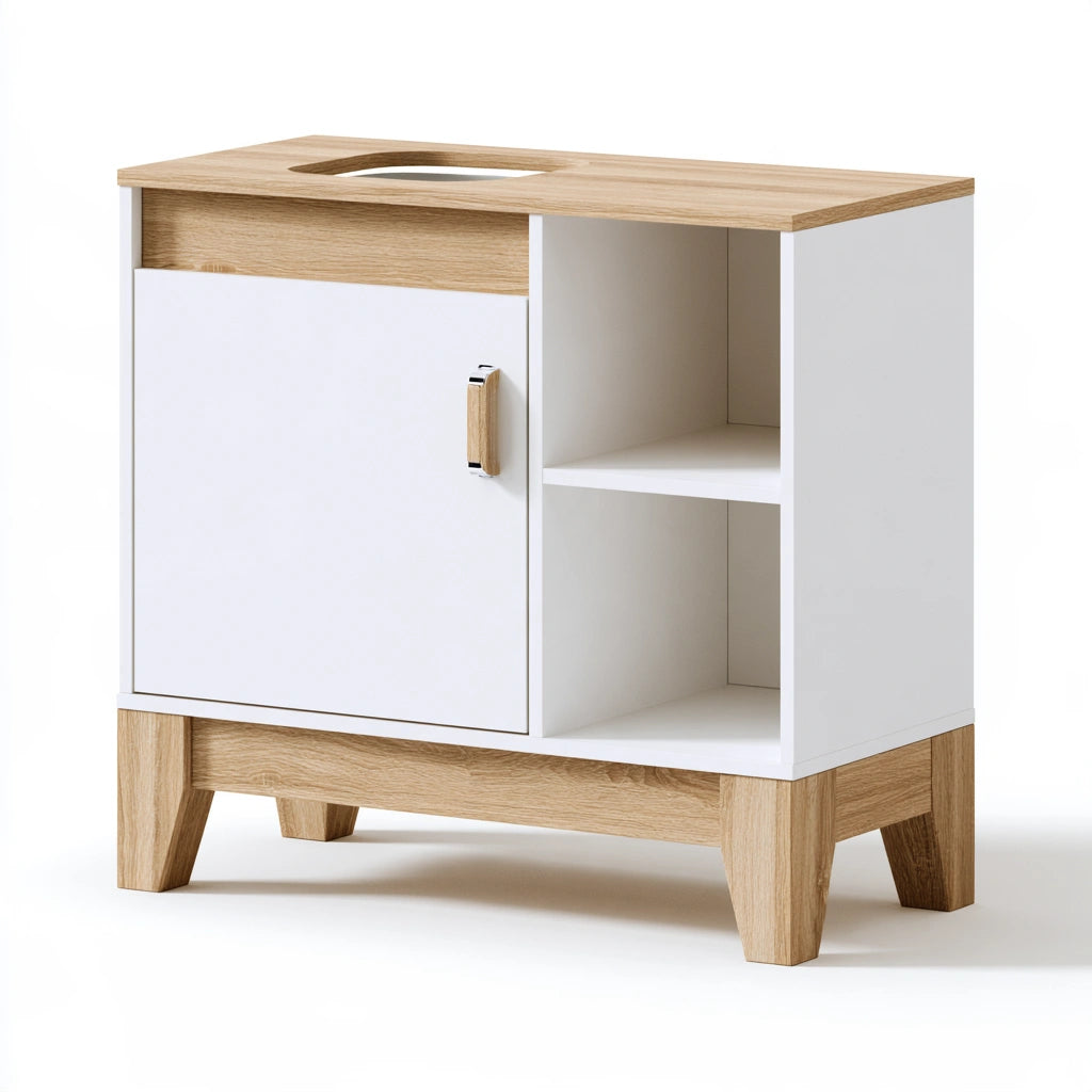 Badezimmerschrank, aus Holz, Farbe: weiß und hellbraun