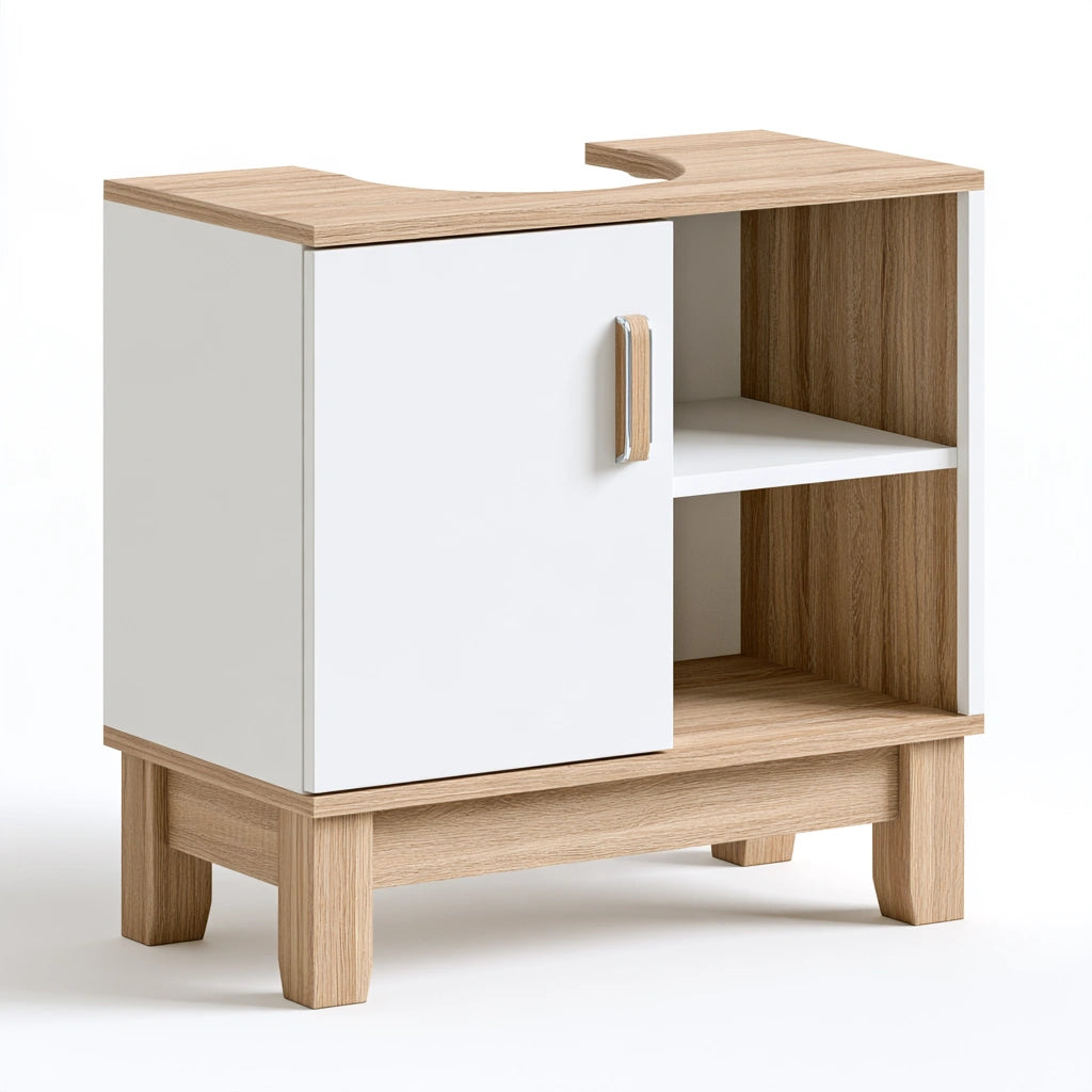 Badezimmerschrank, aus Holz, Farbe: weiß und hellbraun