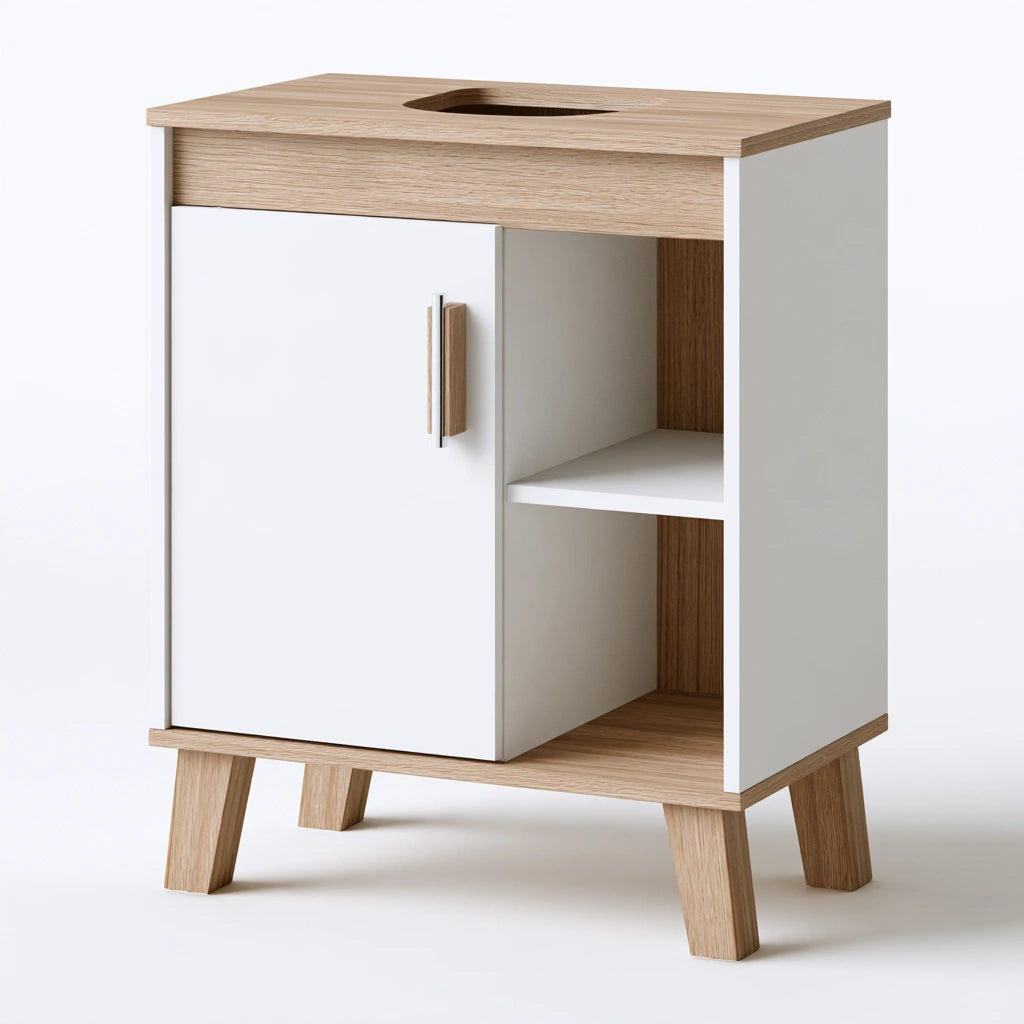 Badezimmerschrank, aus Holz, Farbe: weiß und hellbraun
